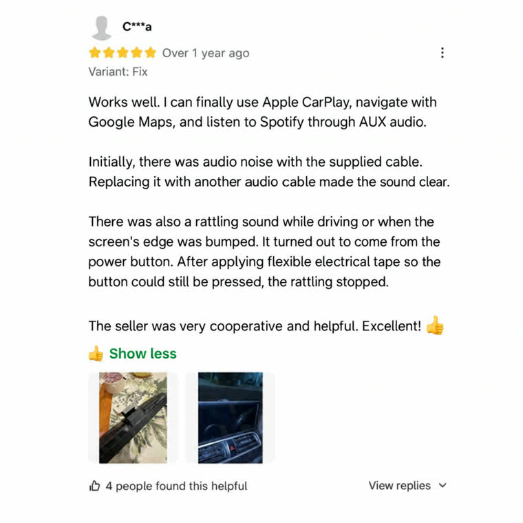 Customer review: works well with CarPlay, Google Maps and Spotify